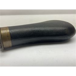 19th century James Dixon & Sons leather covered powder flask with patent action adjustable shot measure to dispense 2 1/4 - 3 drams; marked Parker Hale Ltd. Birmingham England L20cm