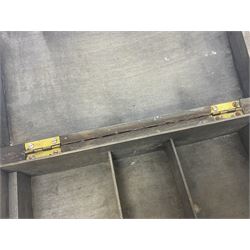 Liberty & Co Tudric pewter cigarette box, of plain rectangular form, with planished decoration to the slightly domed cover, opening to reveal a softwood interior, stamped Made in England 01234 Tudric Solkets beneath, together with another cigarette box, with applied pewter panels repousse decorated throughout with flower heads and leaves, with compartmentalised softwood interior, largest H5.5cm, W23cm