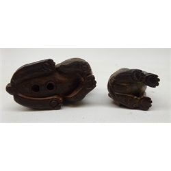  Two Japanese Meiji fruit wood Netsukes carved as a seated Dog with signature and Rabbit H5cm (2) Provenance: private collection   