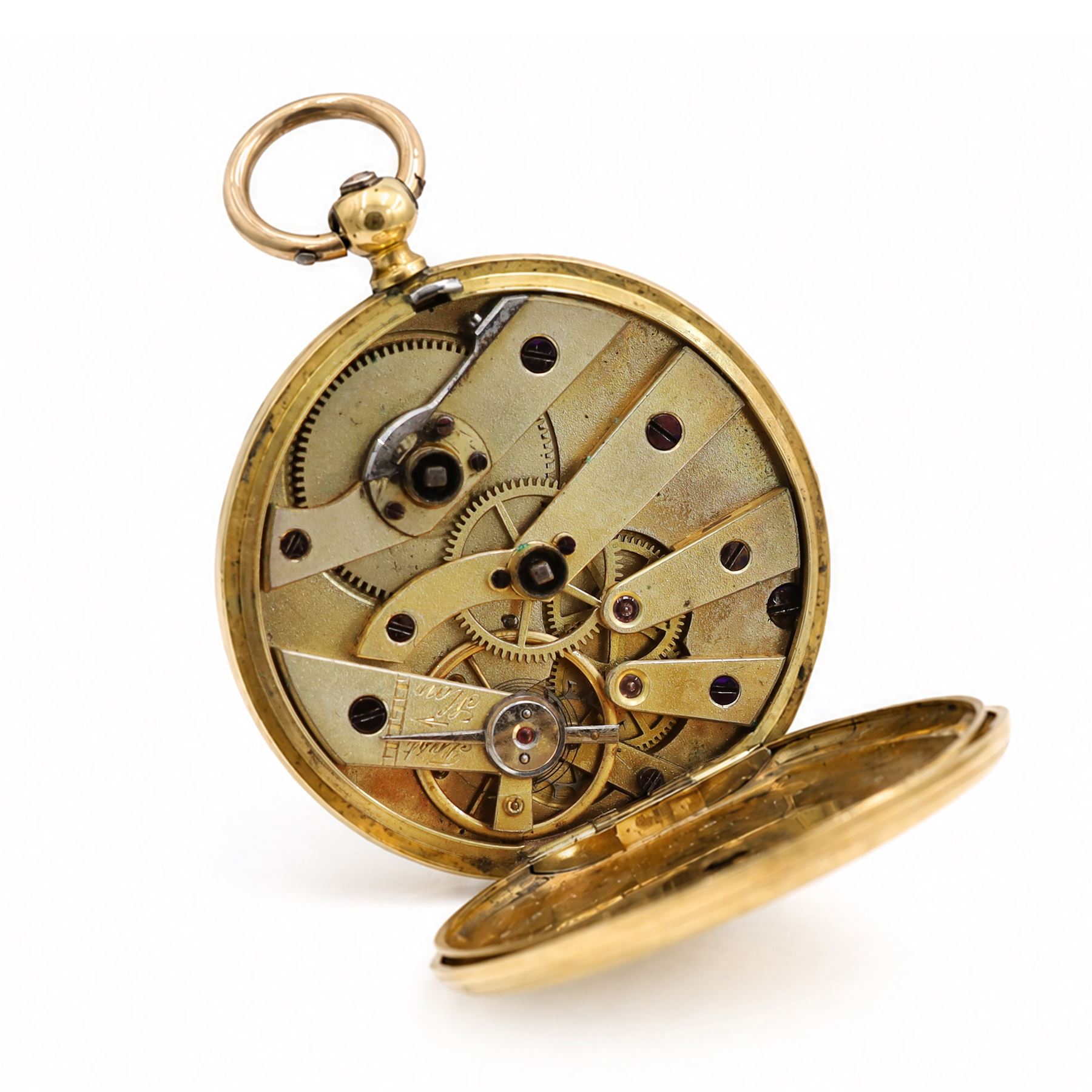 19th century 18ct gold cylinder pocket watch, gilt dial with Roman numeral hour markers, retailed by A.Matthey, back case with engine turned decoration and empty cartouche, stamped 18 Carat Fine