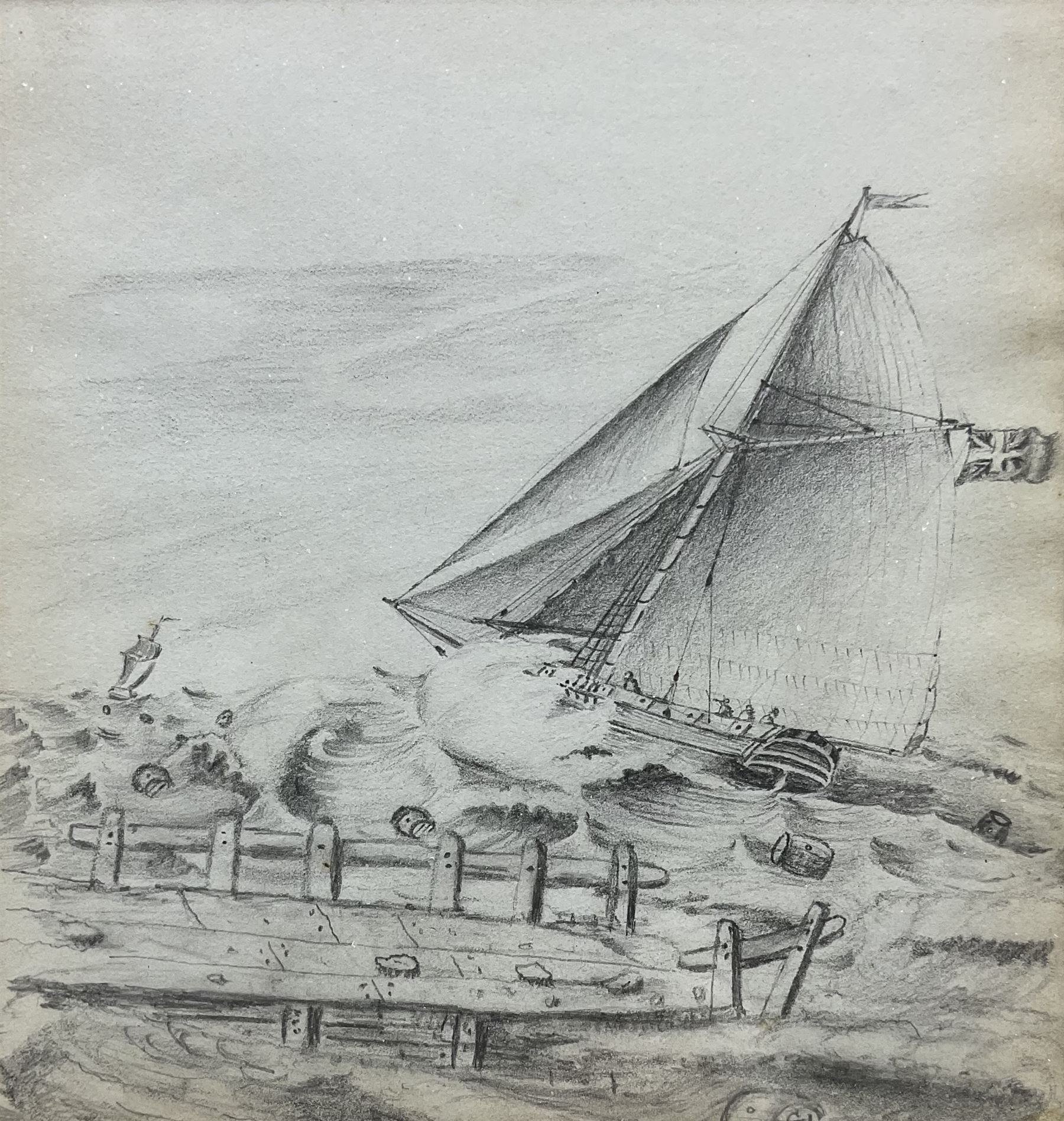 Henry Barlow Carter (British 1804-1868): 'Cutter in Pursuit of a Privateer', pencil c.1817, 16cm x 15cm 
Provenance: with T B & R Jordan Fine Art Specialists, Stockton on Tees; an early drawing from the artist's boyhood sketchbook
