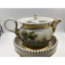 Two 19th century continental teapots and warmers, each teapot upon a cylindrical warming base, hand printed with seascapes, largest H22cm 