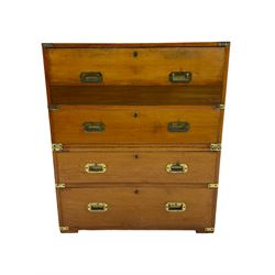 19th century walnut two sectional military campaign chest, fall front secretaire writing compartment, above three further drawers, brass mounts, flush handles and twin side carrying handles
