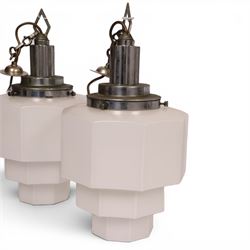 Pair of  mid-century milk glass nonagon ceiling light fittings, together with one other, pair H45cm