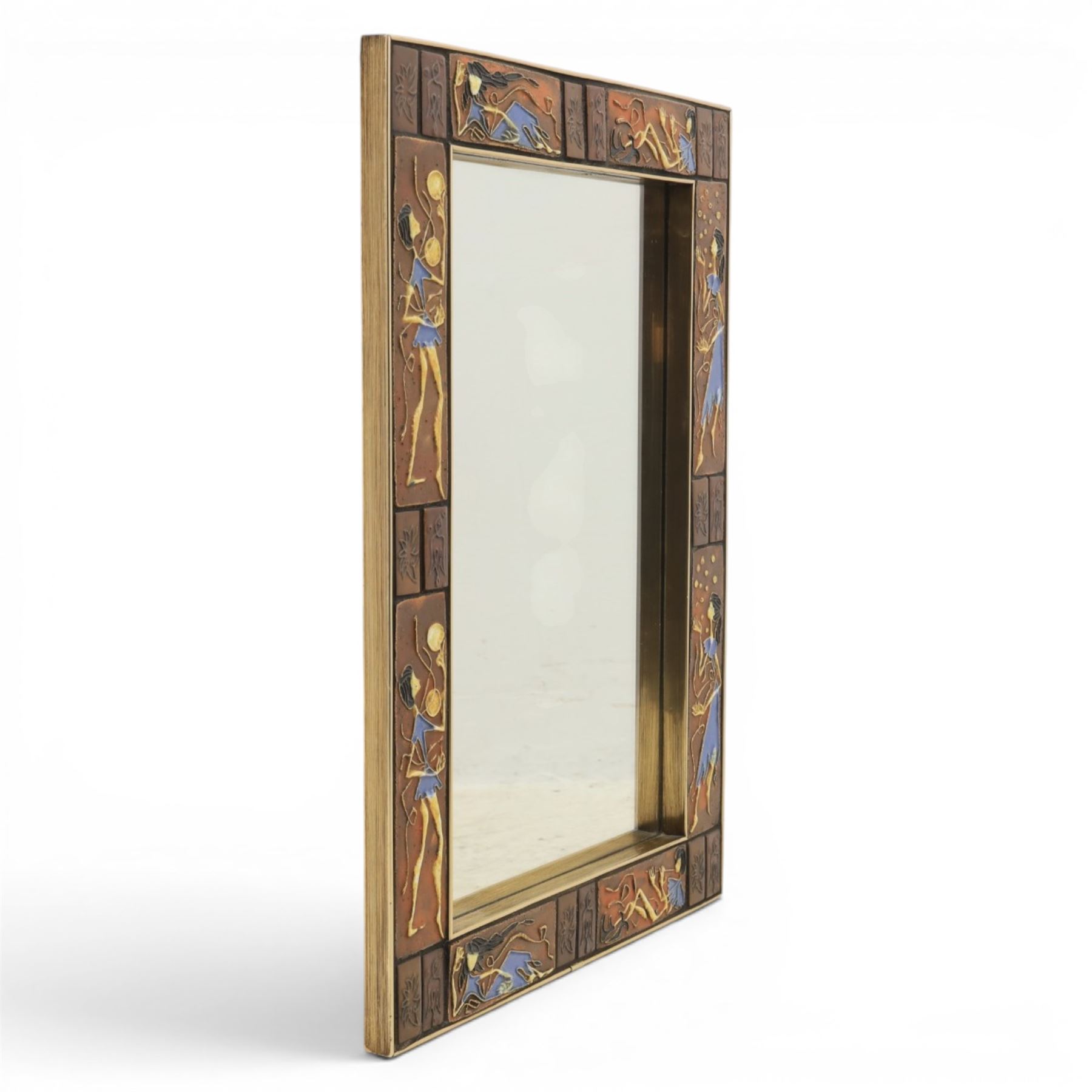 Mid-century Knitter Duro Brevete tiled rectangular wall hanging mirror, tiles decorated in relief with female figures, H58cm