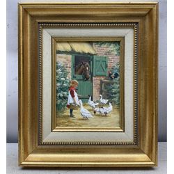 G Williams (British 20th Century): Girl Feeding Geese by a Stable, oil on board signed 20cm x 14cm 