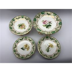 Late 19th century Davenport dessert service comprising two comports, two tazzas, and nine plates, each hand painted with assorted floral sprays, with printed marks and pattern number beneath, tallest comport H20cm, plate D22cm


