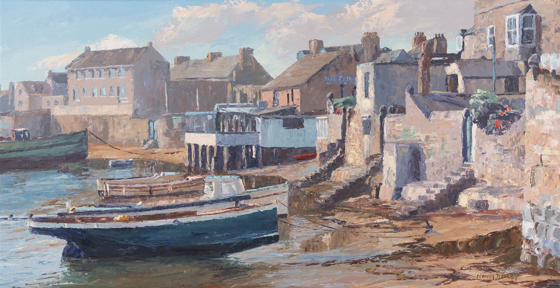 Nancy Bailey (British 1913-2012): 'Back Gates - Morning Light', oil on board signed, titled verso 38cm x 74cm 