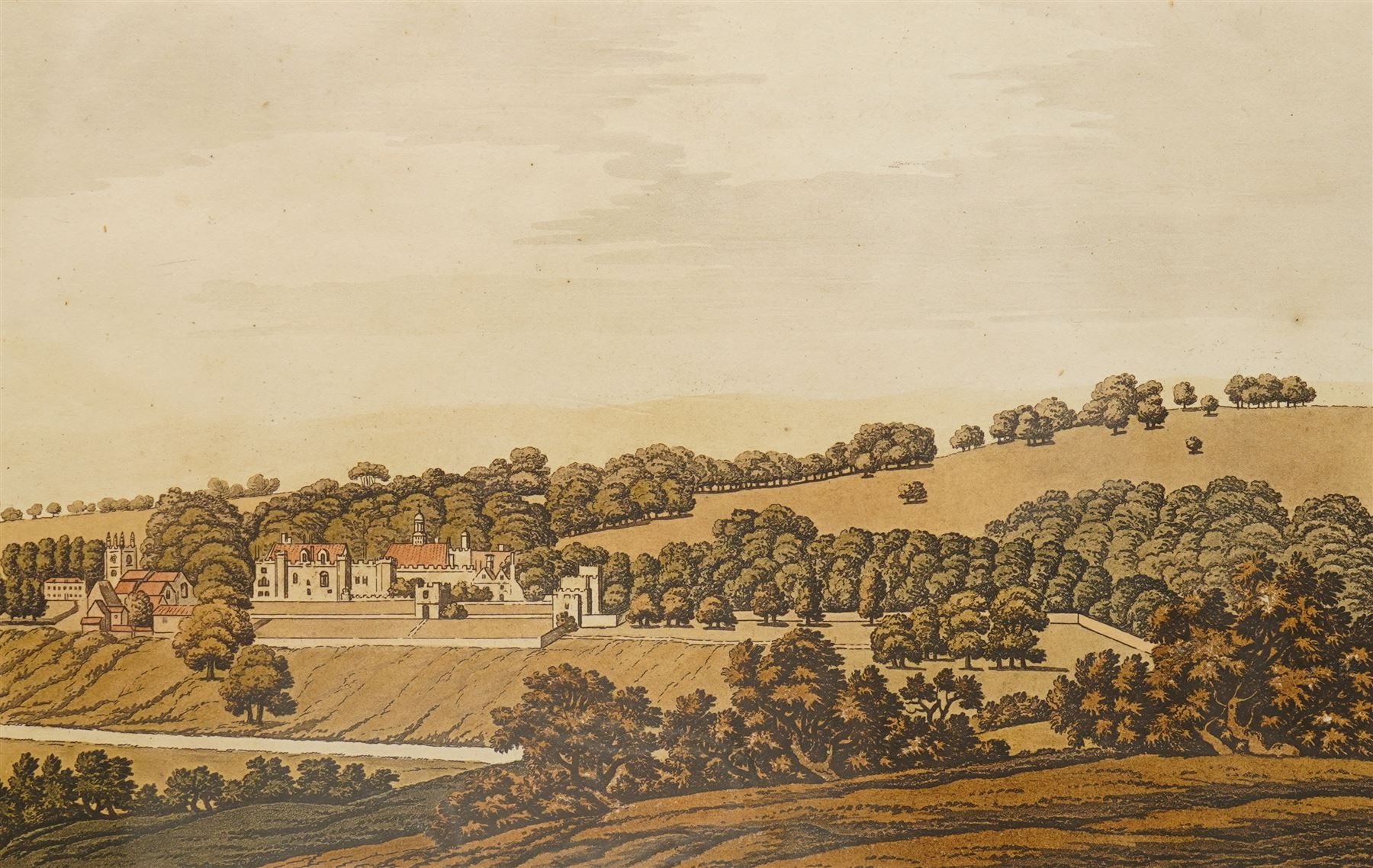 Joseph Constantine Stadler (British 1755-1828) after Joseph Farington RA (British 1747-1821): 'Blenheim', 'Petworth', 'Pope's House', and 'View from Nuneham', set of four late 18th century aquatint engravings with hand-colouring pub. 1793, 22cm x 33cm (4)