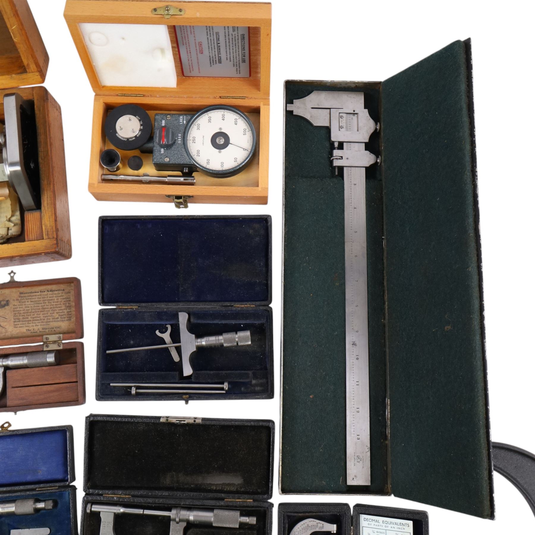 Collection of measures and gauges, including Venture Tachometer, collection of micrometers including Brown & Sharpe examples, three height gauges and other scientific instruments