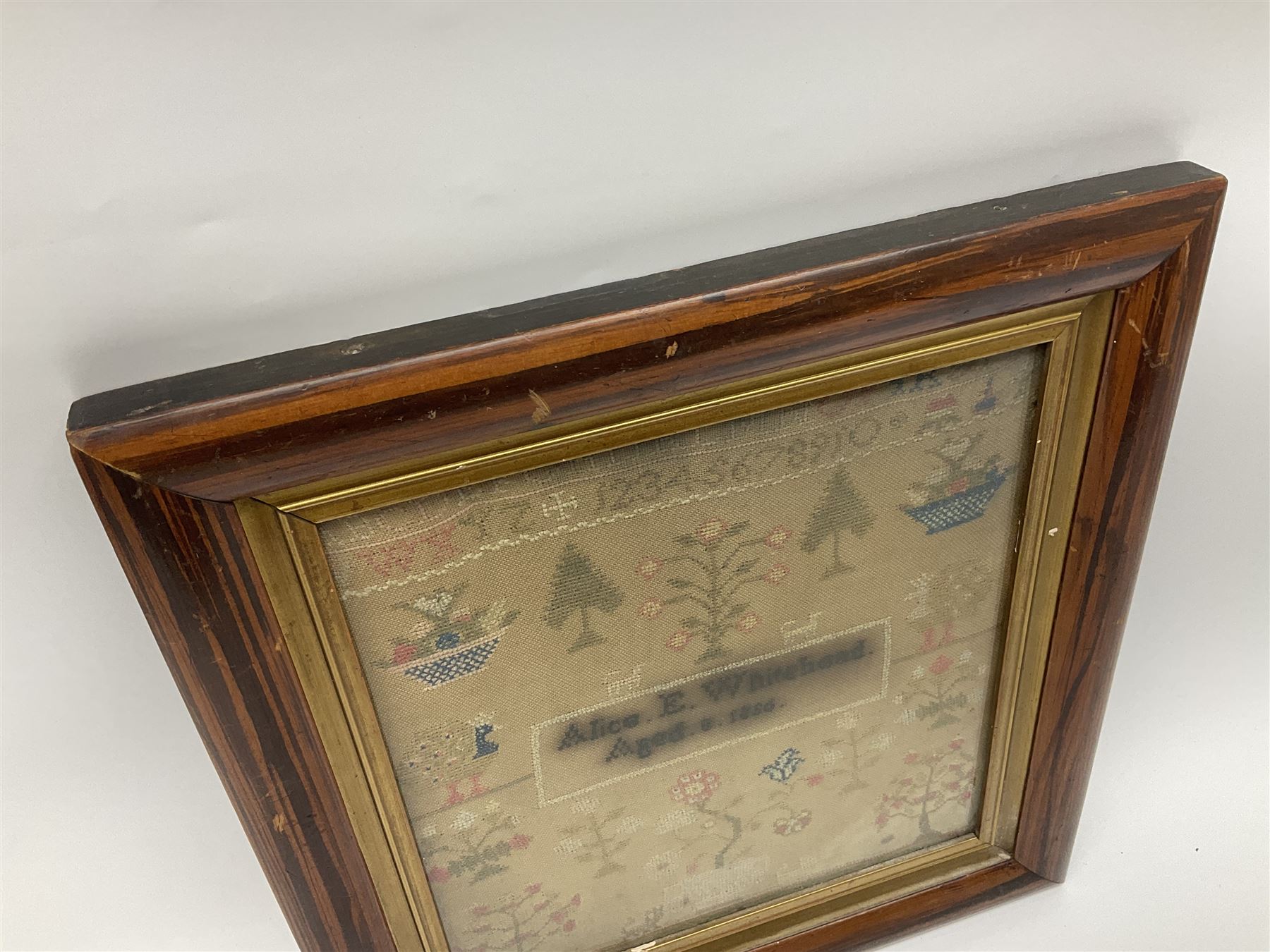 Victorian needlework sampler, depicting cat, peacock, tree and plant motifs, with a band of alphabet and numbers above, worked by Alice E Whitehead, aged eight years, dated 1886, framed, H40cm
