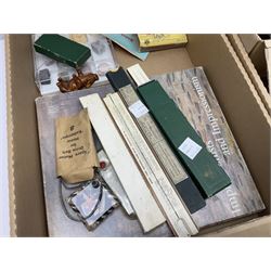 Collection of surgical and similar instruments, RAC and AA badges, and slide rules including Aristo examples, etc, in three boxes