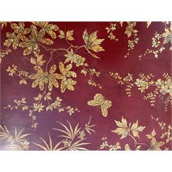 Early 19th century red lacquered papier-mâché tray by Clay of King Street Covent Garden, of rounded rectangular form, painted in gilt with large foliate sprays and butterflies, impressed verso CLAY KING ST COVENT GARDEN, W66.5cm D48.5cm
