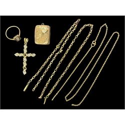 9ct gold jewellery, including stone set ring and cross pendant, necklace chain, chain links and gold plated locket