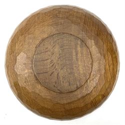 'Rabbitman' tooled oak bowl with carved rim, central rabbit signature, by Peter Heap of Wetwang 