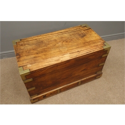  Victorian brass bound hardwood military style trunk, with hinged lid brass side carry handles and skirted base, W92cm, H53cm, D50cm  