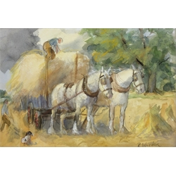  R Morden? (British 20th century): Haymaking, watercolour and charcoal indistinctly signed 23cm x 34cm  
