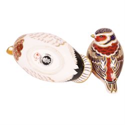 Three Royal Crown Derby paperweights, comprising Mallard silver stopper, Cockerel silver stopper and Chaffinch gold stopper, H6cm