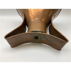 Agricultural copper corn funnel, H32.5cm, another similar copper funnel and copper warming platter of oval form, with twin handles on four supports, with removeable warming plate, L49cm