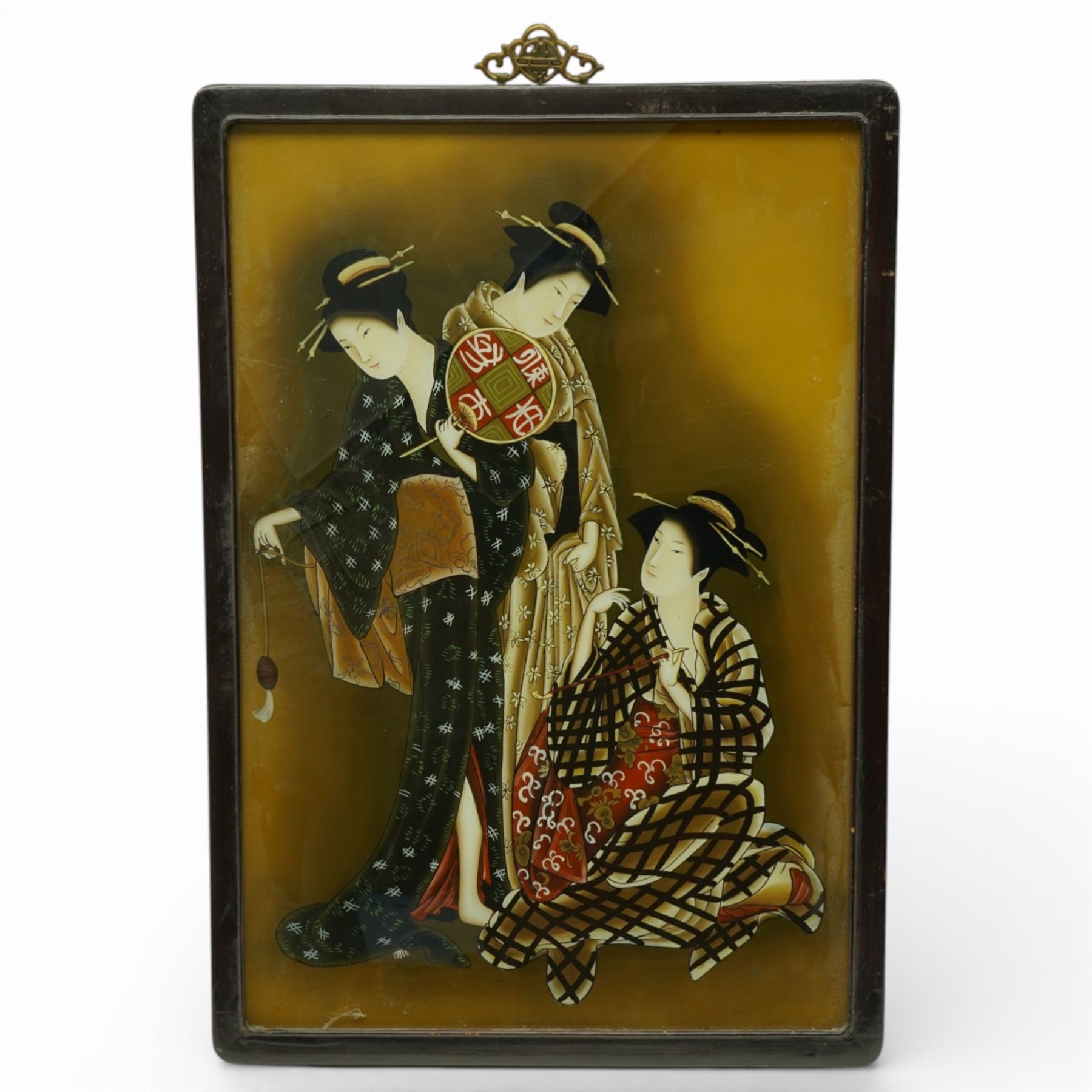 Pair of Chinese reverse glass paintings of three ladies in traditional dress and playing chess, Republic period, including frame 70cm x 49cm (2)