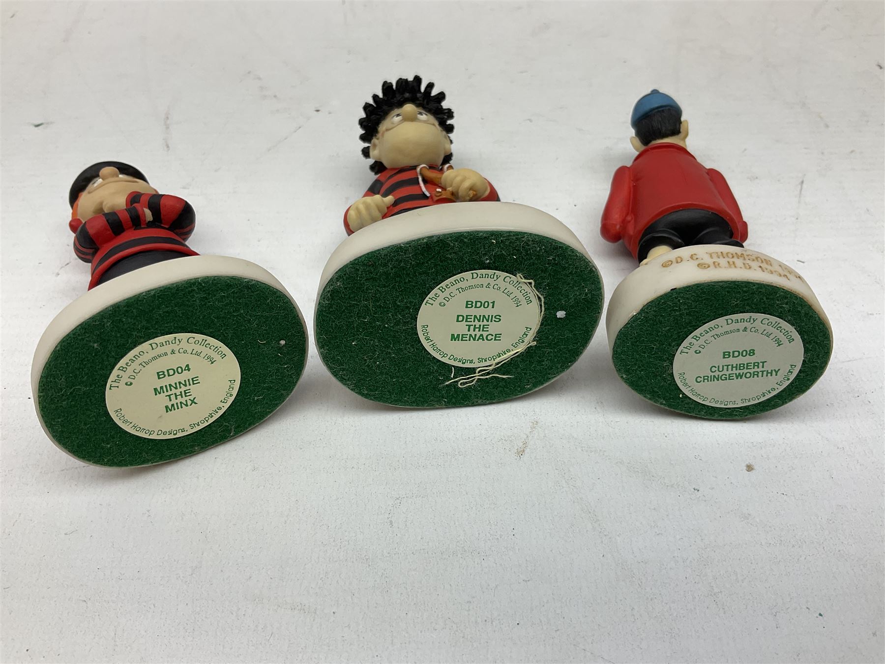 Ten Robert Harrop figures, from the Beano and Dandy collection, comprising, Desperate Dan BD03, Dennis the Menace BD01, Fatty BD07, Minnie the Minx BD04, Teach BD06, Smiffy BD09, Erbert BD14, Bully Beef BD24, Sydney BD13 and  Cuthbert Cringeworthy BD08, all with original boxes