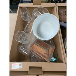 Collection of cut glass and crystal, including Dartington Crystal, glasses, decanters, vases, jug, carved wooden mask, Royal Worcester Evesham dishes, pewter tankard, Langham Glass cat, etc, in seven boxes