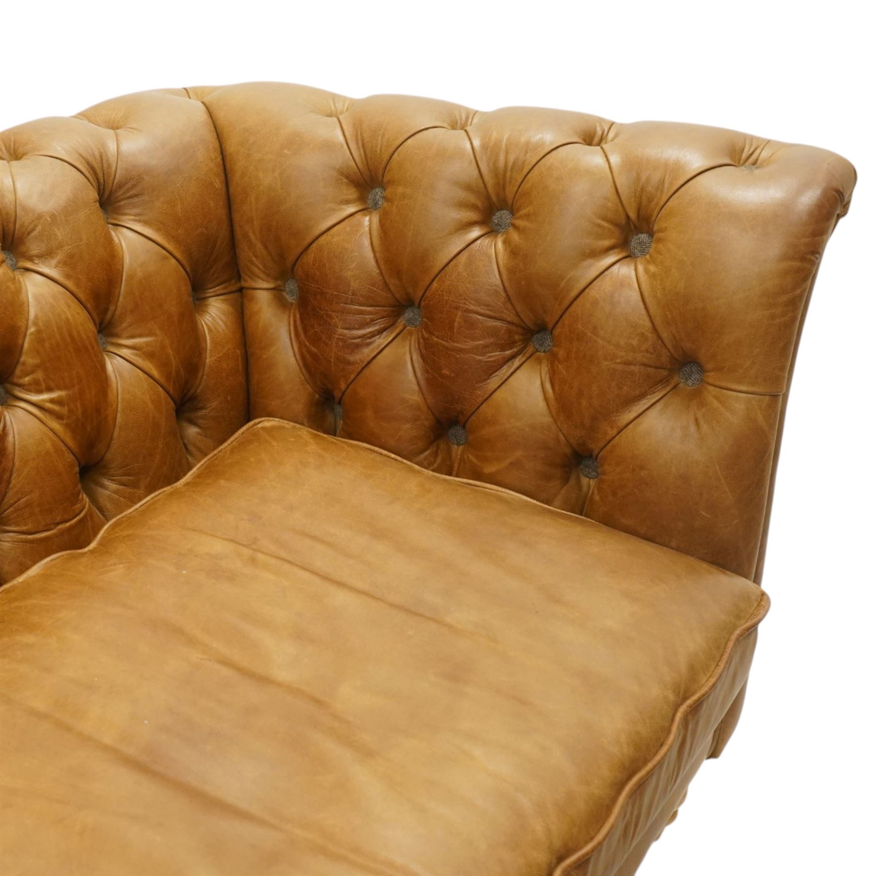 Contemporary Chesterfield design 'Caesar' three seat sofa, traditional shape with out-swept arms, upholstered in tan leather with loose seat cushions, the back, sides and buttons upholstered in chevron stitched Harris Tweed, on turned feet