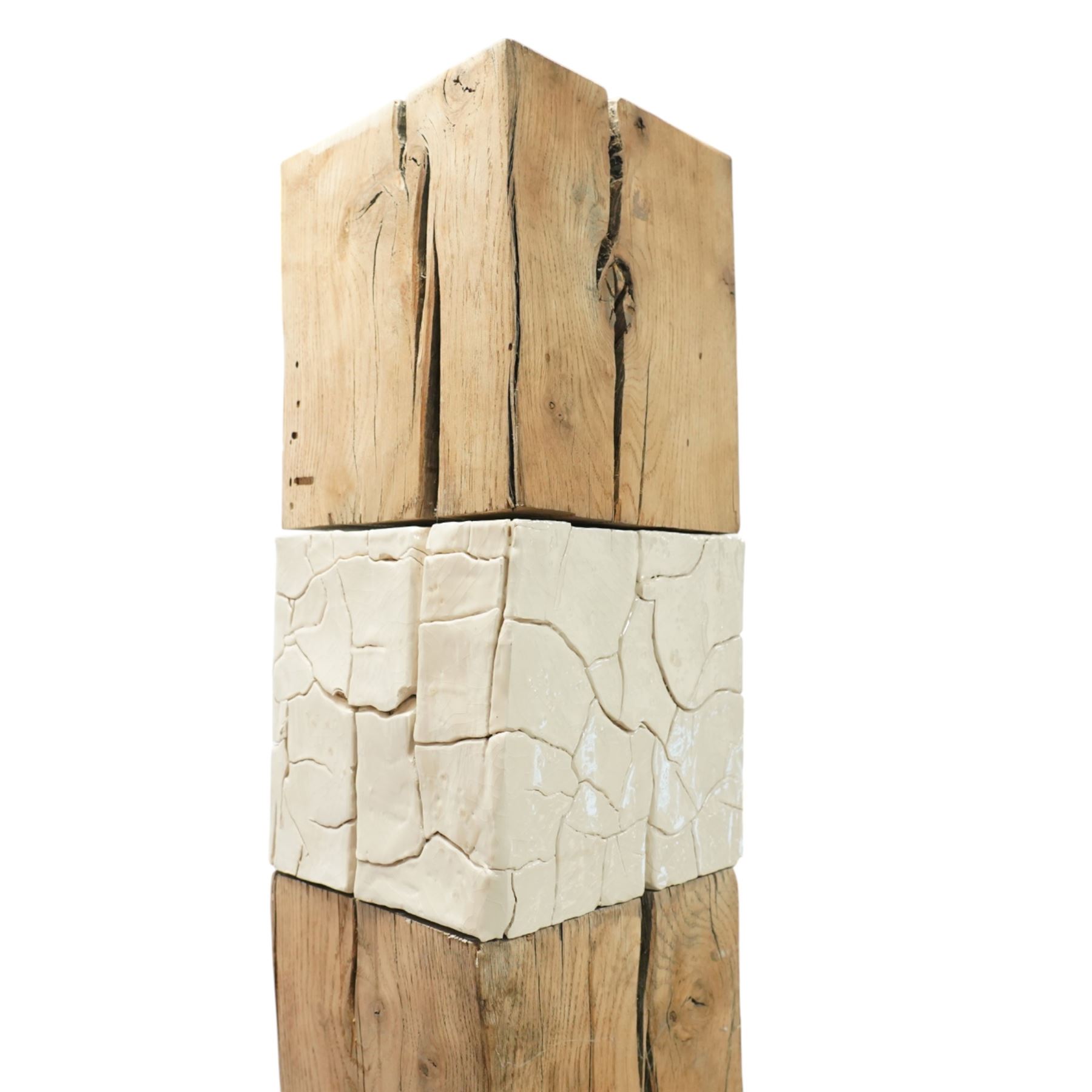 Sophie Olivier (French 1978-): ‘Amour’, 3D sculpture depicting Man & Woman, constructed from driftwood sections with inset ceramic elements and metalwork frames, mounted on a stepped metal base, applied with artist’s plaque and dated 2017