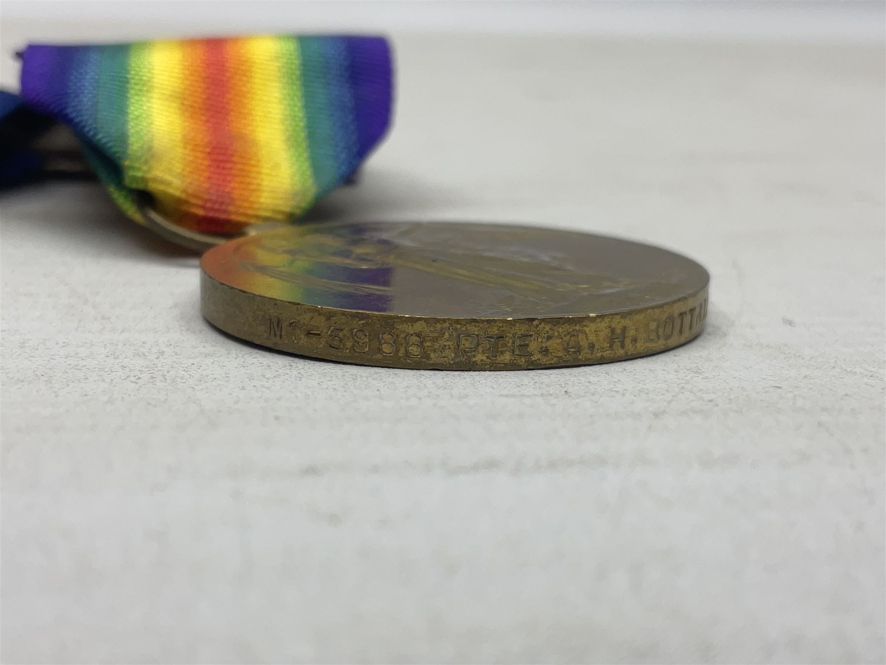WW1 1914 “Mons Bar” medal trio comprising British War Medal, 1914 star with copy '5th Aug – 22nd Nov 1914' bar and Victory Medal awarded to M1-5988 Pte. A.H. Bottrill A.S.C.; with ribbons