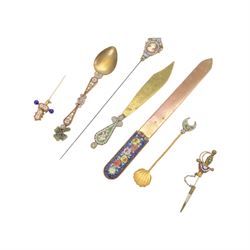 Five micro mosaic paperweights, all decorated with flowers and goldstone, together with other items with micro mosaics 