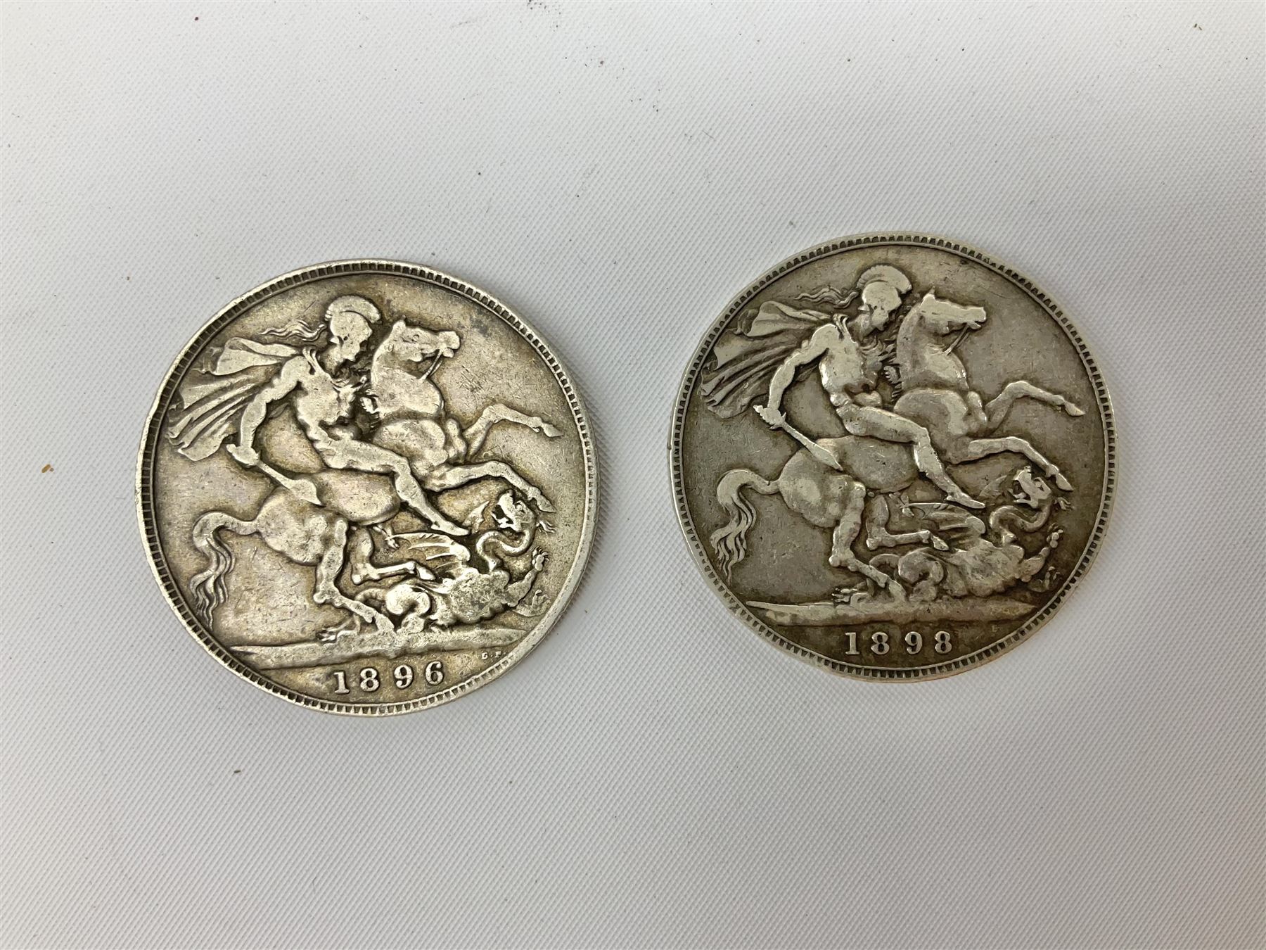 Two Victorian silver Crowns, 1896 and 1898, approximate weight 56 grams
