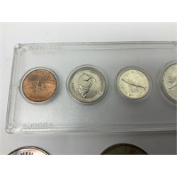 South Africa 1897 one shilling, 1967 one rand, Ireland 1928 two shillings and sixpence, Netherlands 1930 two and a half gulden, two Queen Elizabeth II Canada one dollar coins dated 1958 and 1964, 1967 six coin set in plastic holder etc