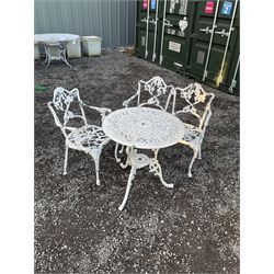 Painted aluminium circular garden table D69cm, matching two seat bench and armchair - THIS LOT IS TO BE COLLECTED BY APPOINTMENT FROM DUGGLEBY STORAGE, GREAT HILL, EASTFIELD, SCARBOROUGH, YO11 3TX