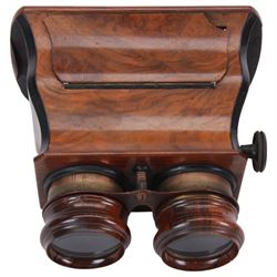 Early 20th century Brewster pattern stereo viewer in burr walnut finish, together with twenty one slides of Parisian scenes
