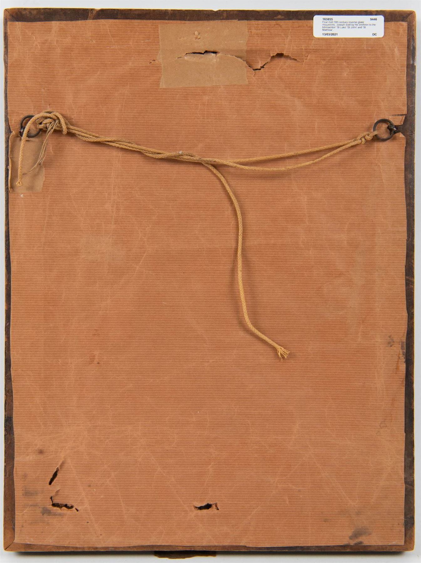 Four mid-19th century reverse glass mezzotints, 'Joseph sold by his brethren to the Ishmaelites' 'St Luke' 'St John' and 'St Matthew', 34cm x 24cm (4)