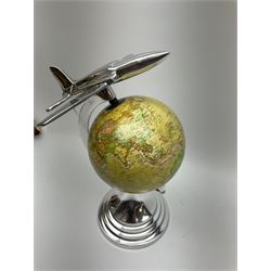 Art Deco style world globe with chrome Aeroplane finial and mounts, H30cm