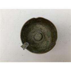 Trench Art - three WW2 brass shell case ashtrays, one mounted with Royal Artillery cap badge and button and one mounted with RA button; together with a pair of place name holders each formed from a Royal Artillery cap badge (5)