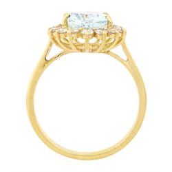 18ct gold aquamarine and diamond cluster ring, single oval cut aquamarine of approx 2.05 carat, surrounded by sixteen round brilliant cut diamonds, stamped, total diamond weight 0.40 carat