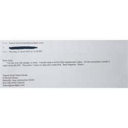 Toland Sand (American Contemporary): The Wedge - sculptural form made from cut, ground, polished and laminated optical glass with dichroic glass inclusions, signed and numbered 1225, 6-99. H39cm