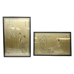 Two 20th century Chinese silk embroidered panels, both depicting figures in a garden scenes, portrait example H88cm