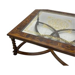 Jonathan Charles - large mahogany coffee table, the square oyster veneered top with verre églomisé inset, the glass hand-painted with gilt scrolling foliate patterns, raised on spiral turned supports with acanthus and gadroon carvings, united by interlocking demi-lune stretchers, on scrolled acanthus feet