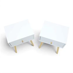 Contemporary pair of white single drawer bedsides, raised on tapering light wood supports