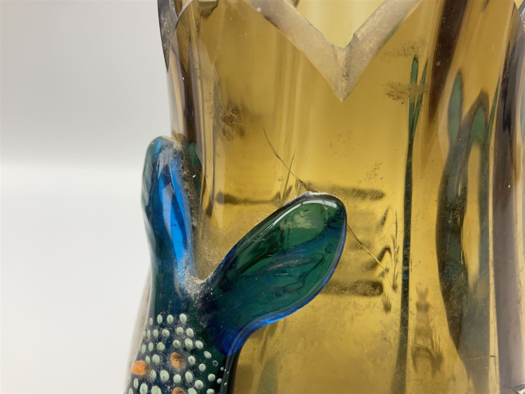 Pair of 19th century glass vases in the style of Auguste Jean, of bulbous form with lobed rim and applied blue glass zoomorphic handles, painted with enamel flowers, dragonflies and swans, upon four blue glass feet, H26cm