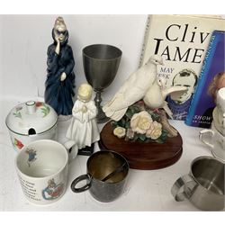 Border Fine Arts Peace and Harmony, two Royal Doulton figures Masque and Bedtime, Duchess Evelyn pattern tea wares, two signed books and other collectables