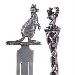 Collection of silver, including Kangaroo book mark, six silver brooches, comprising silver-gilt scottie dog, fairy, marcasite cat, Celtic stag, Essex regiment and wren, vesta case and bible locket