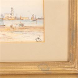 English School (19th Century): Ships at Sea, watercolour signed, in carved Florentine gilt frame, frame overall 34cm x 41cm; GWC (19th Century): Scarborough Beach, watercolour signed with monogram and dated '06, 9cm x 13cm (2)