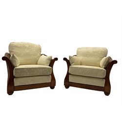 Multi-York - Hardwood framed bergère lounge suite, three seat sofa (W204cm), and pair matching armchairs (W90cm), upholstered in cream floral pattern fabric 
