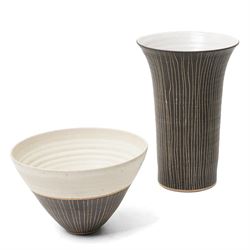 Sarah Butler and Martin Clark: Two works, comprising a sleeve vase and one bowl, each with...