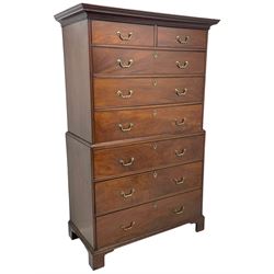 George III figured mahogany chest-on-chest, projecting moulded cornice over two short and six long graduating cock-beaded drawers, on bracket feet