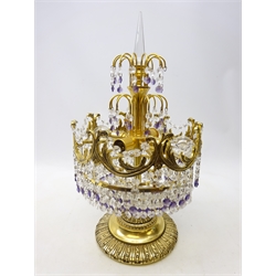  Gilt metal table lamp hung with three tiers of clear and amethyst crystal drops, with four branches on a reeded stem and circular cast base, H51cm   